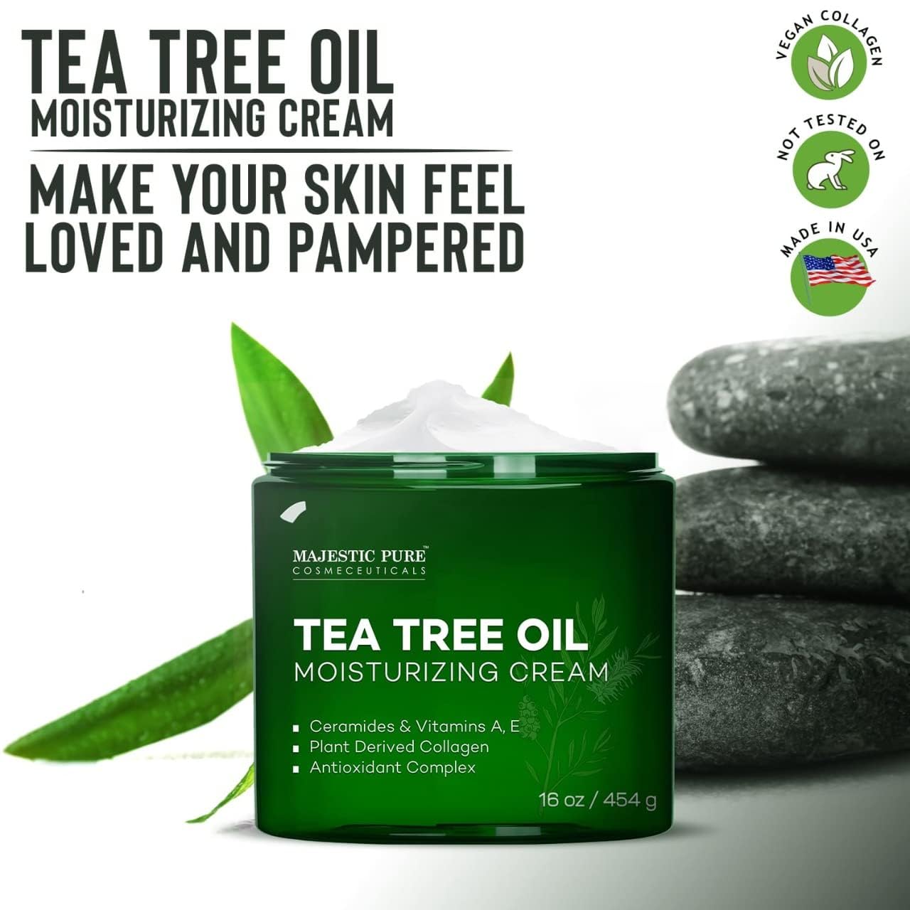 Majestic Pure Tea Tree Oil Cream label highlights ceramide and vegan collagen benefits.