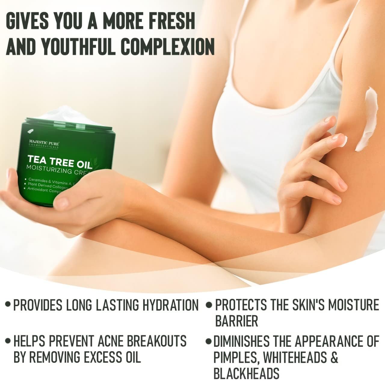 Majestic Pure Tea Tree Oil Moisturizing Cream for face use shows non-greasy absorption.