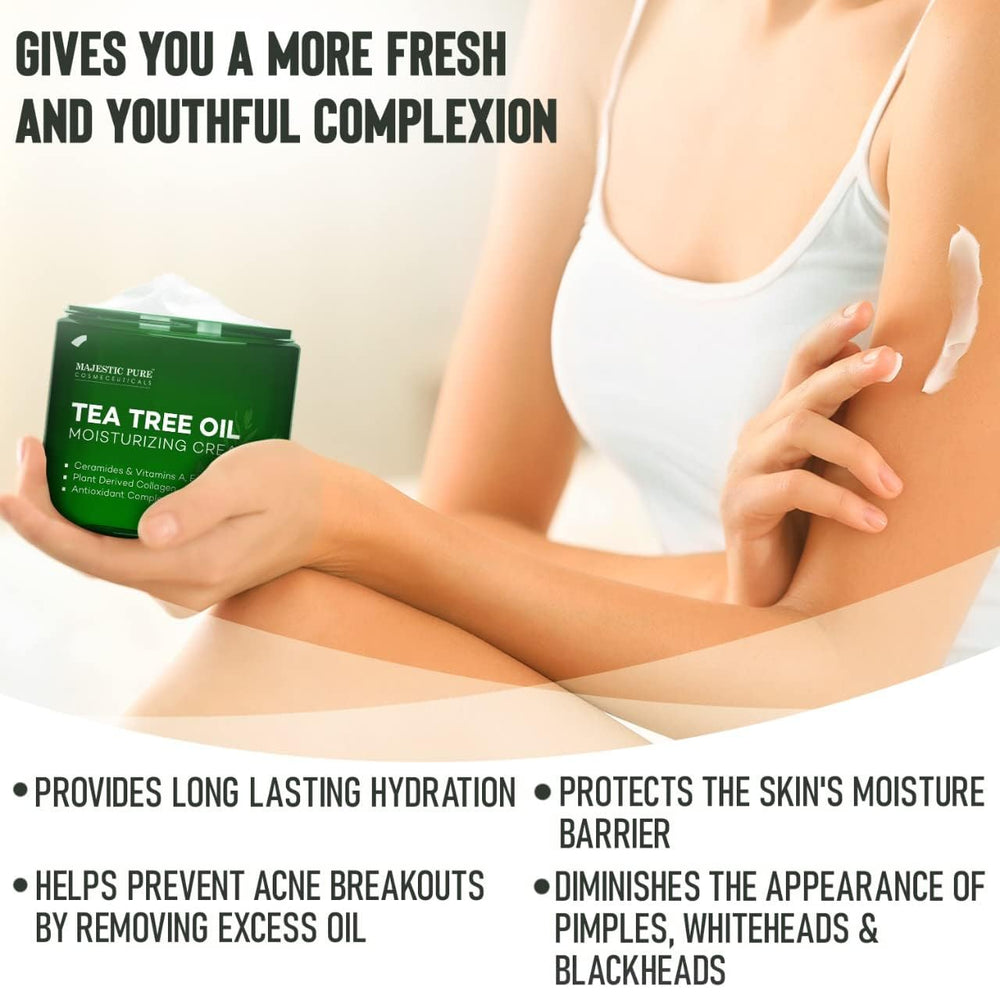 Majestic Pure Tea Tree Oil Moisturizing Cream for face use shows non-greasy absorption.