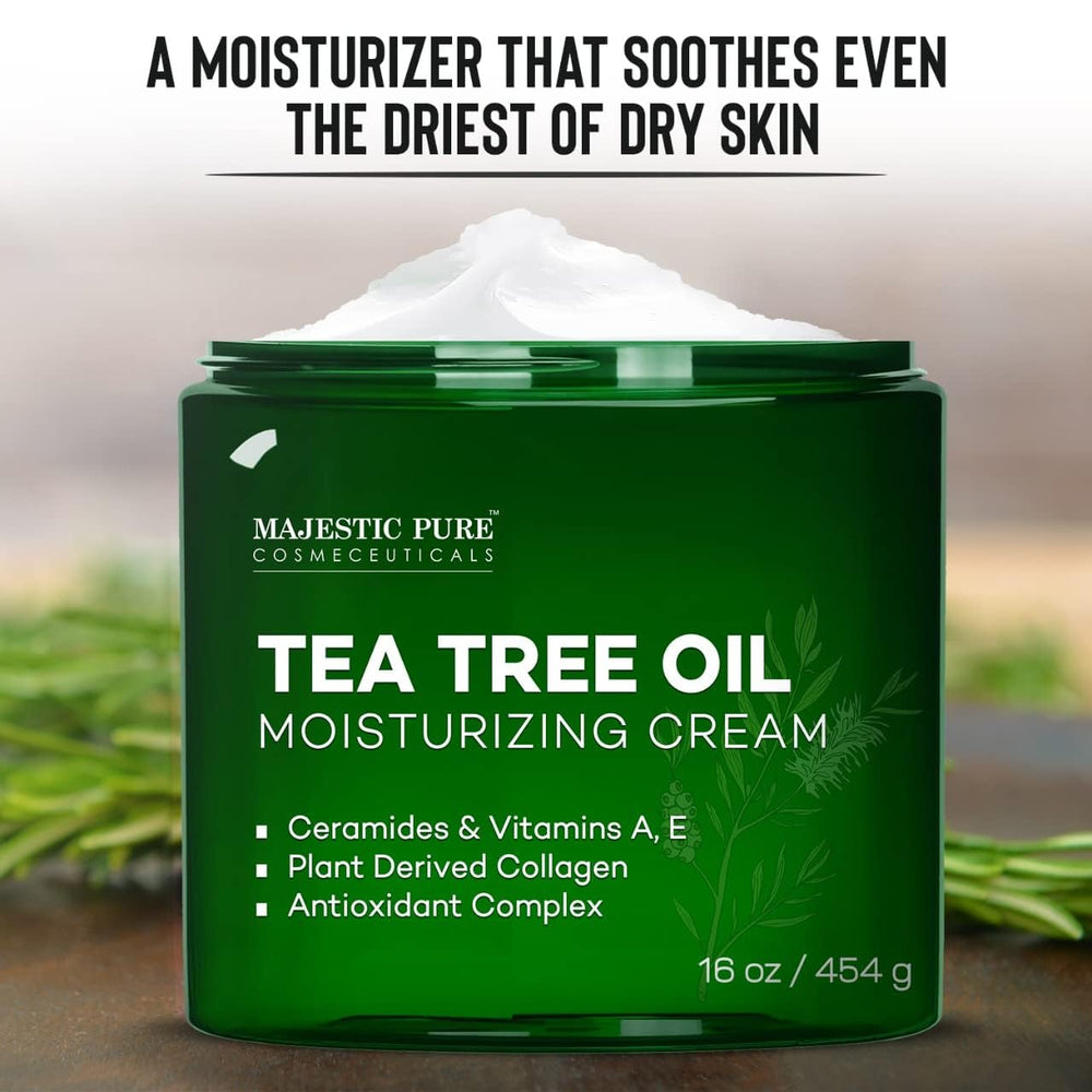 Majestic Pure Tea Tree Oil Cream foot care highlights soothing moisture.