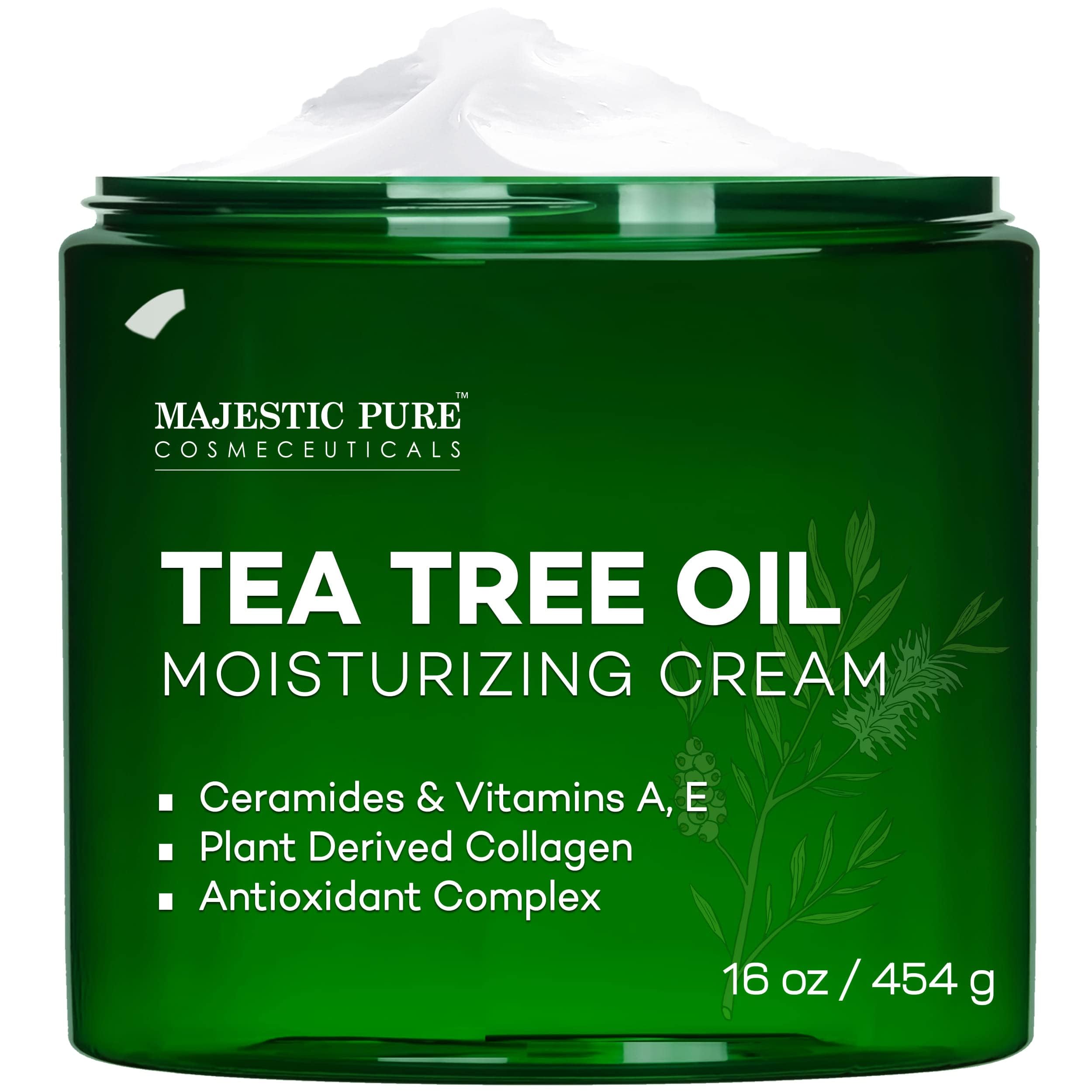 Majestic Pure Tea Tree Oil Moisturizing Cream bottle close-up for acne-prone skin.
