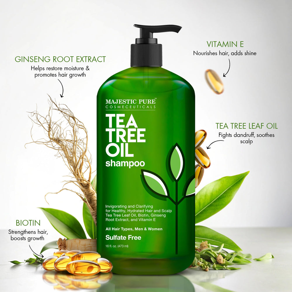 Majestic Pure Tea Tree Shampoo bottle back label highlights paraben-free and USA-made quality.