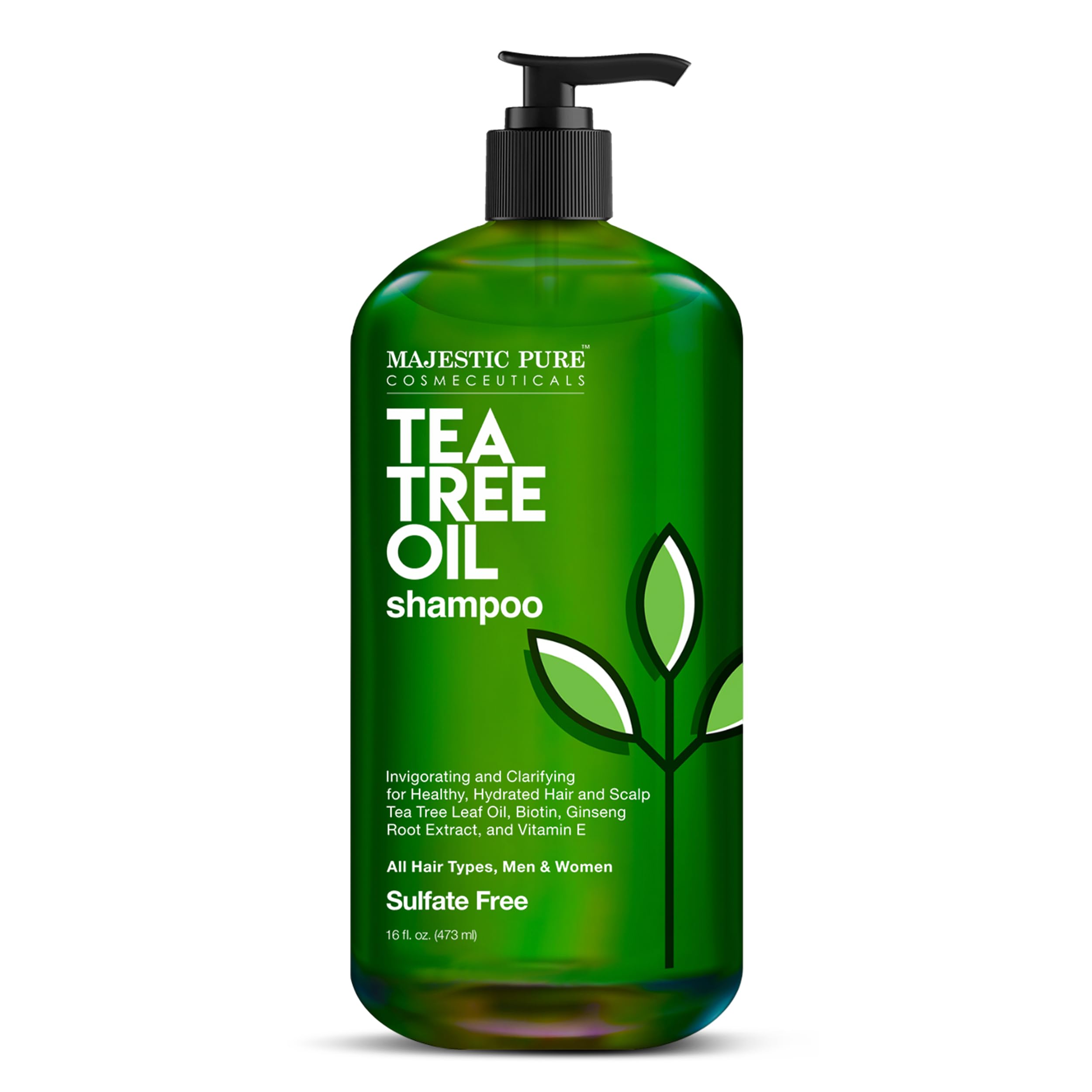 Majestic Pure Tea Tree Shampoo bottle front shows sulfate-free formula for daily use.