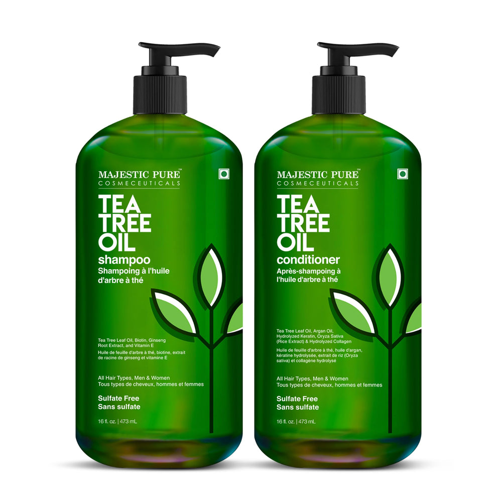 Majestic Pure Tea Tree Shampoo bottle for all hair types, sulfate-free cleansing.
