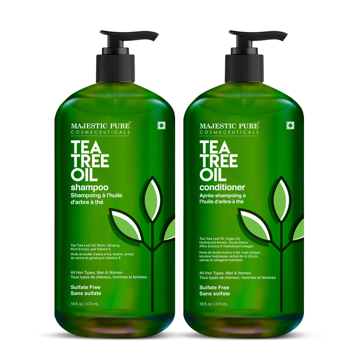 Majestic Pure Tea Tree Shampoo bottle for all hair types, sulfate-free cleansing.