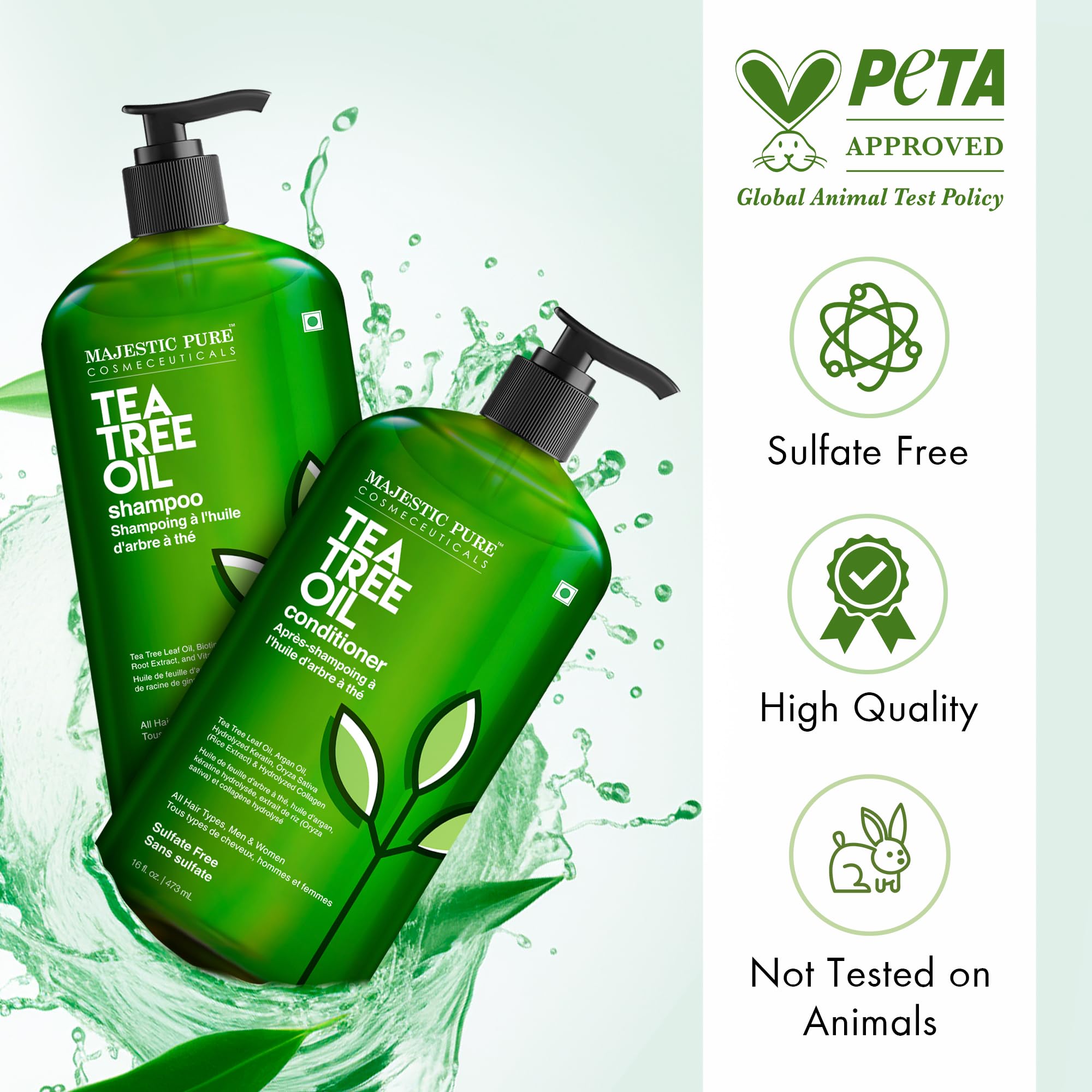 Majestic Pure Tea Tree Shampoo scene highlights dandruff relief and clean scalp.