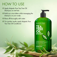 Majestic Pure Tea Tree Shampoo ingredients panel highlights tea tree oil for scalp refreshment.