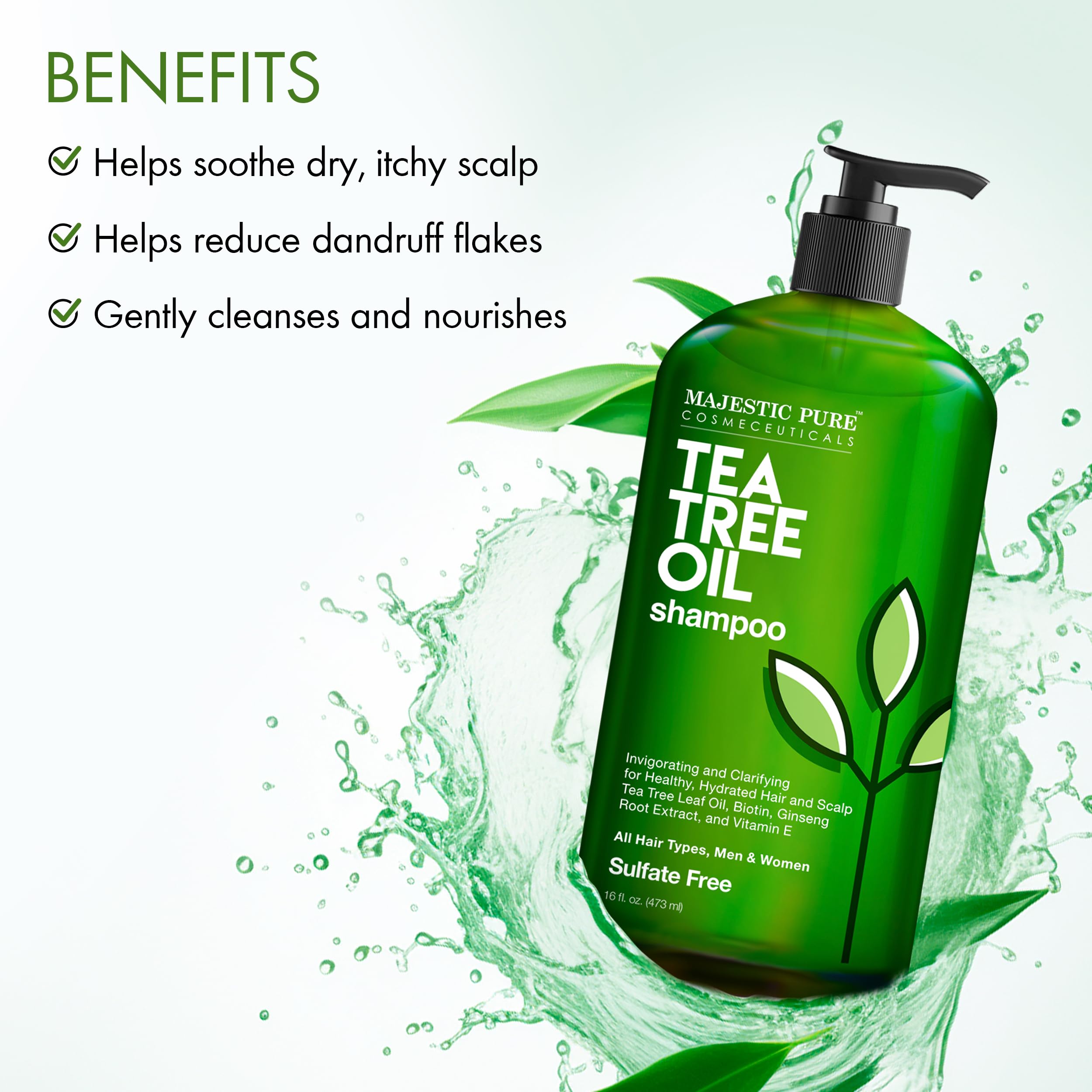 Majestic Pure Tea Tree Shampoo label closeup notes tea tree oil and sulfate-free benefits.