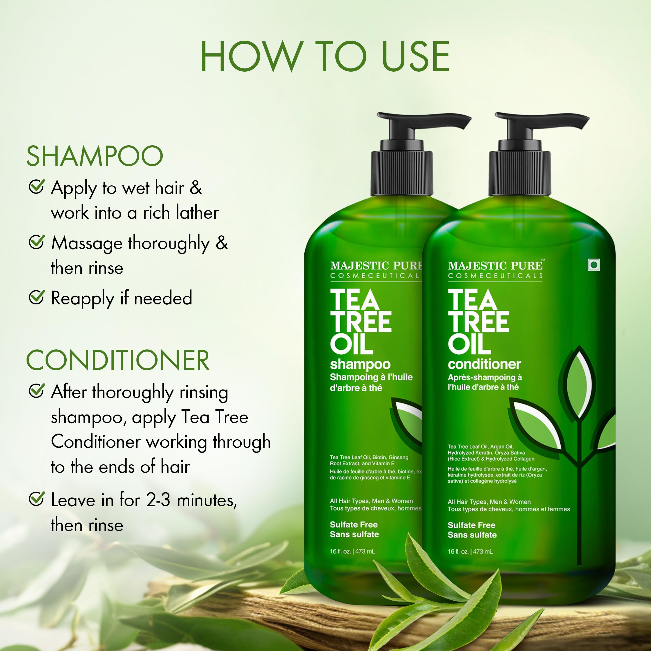 Majestic Pure Tea Tree Shampoo pack of 2 demonstrates value and home-use convenience.