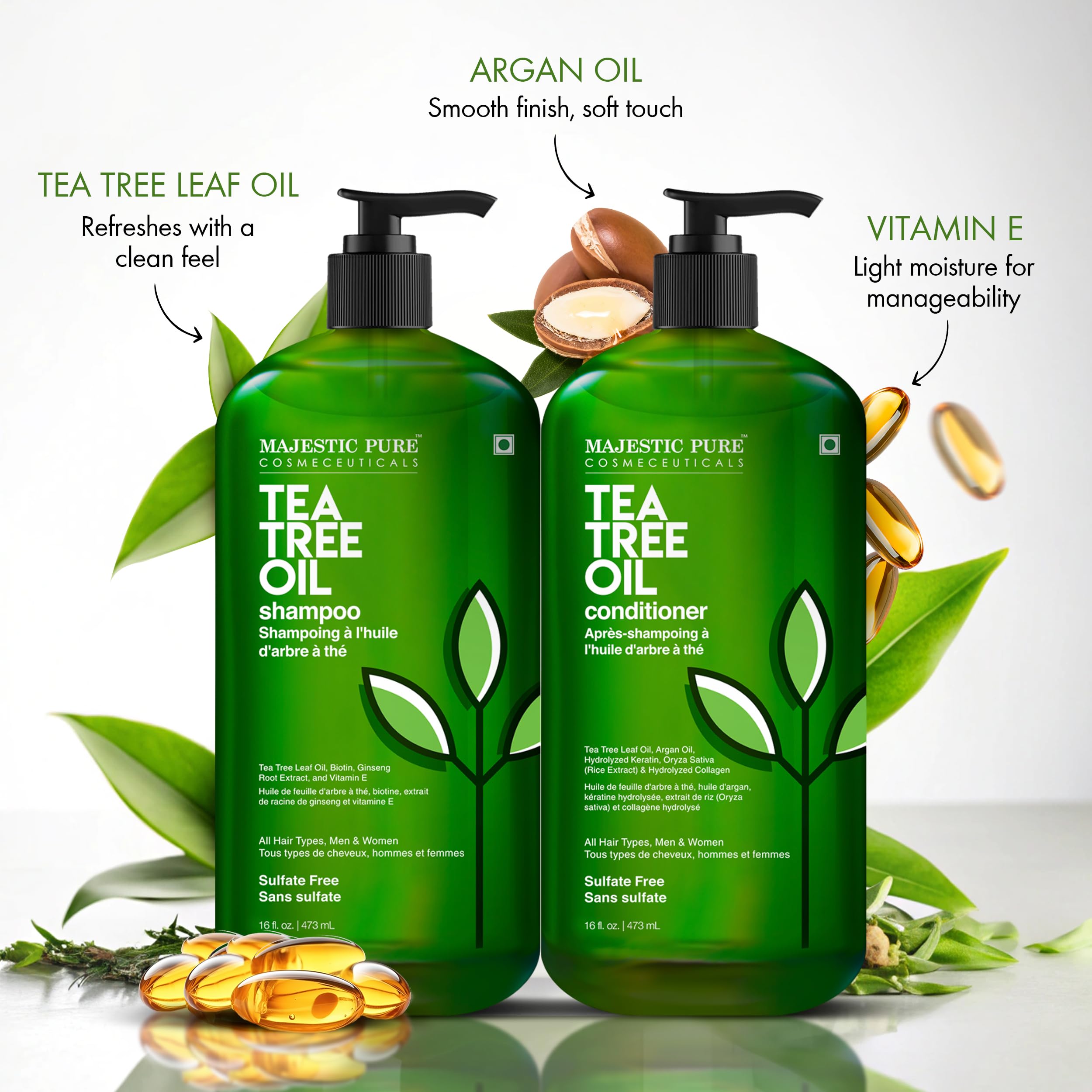 Majestic Pure Tea Tree Shampoo being rinsed shows hydrating cleanse for soft strands.