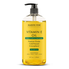 Majestic Pure Vitamin E Oil 8oz bottle for daily skin and hair care.
