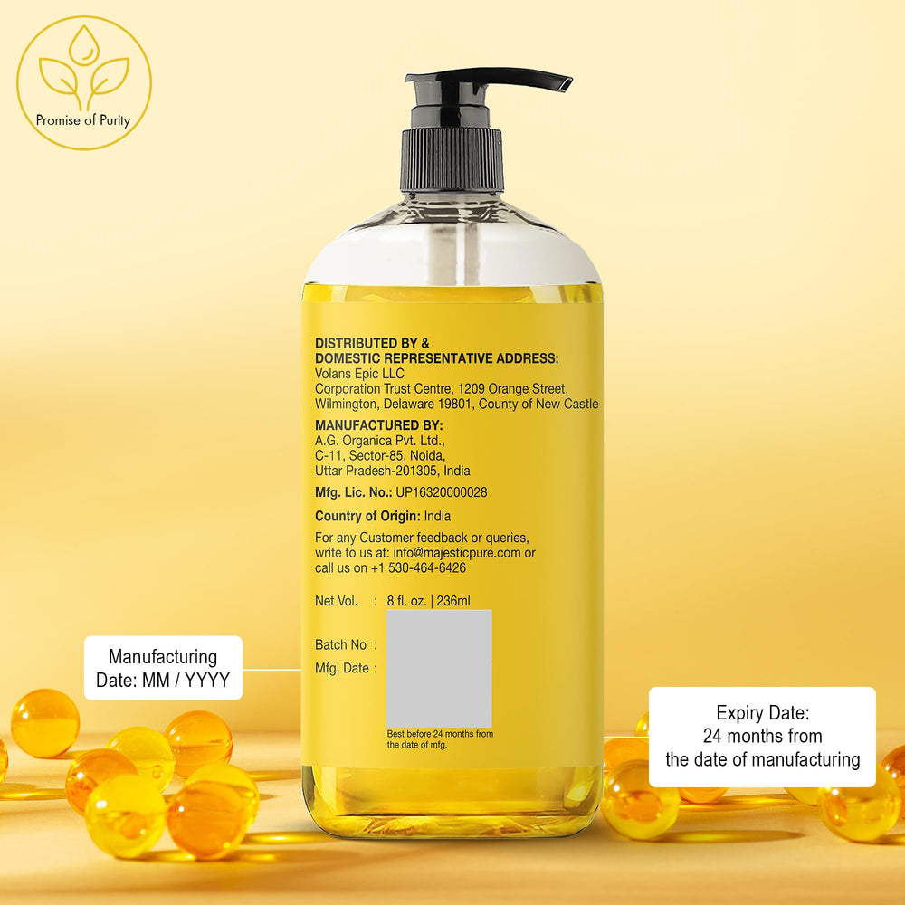 Majestic Pure Vitamin E Oil bath use suggesting a soothing bath.