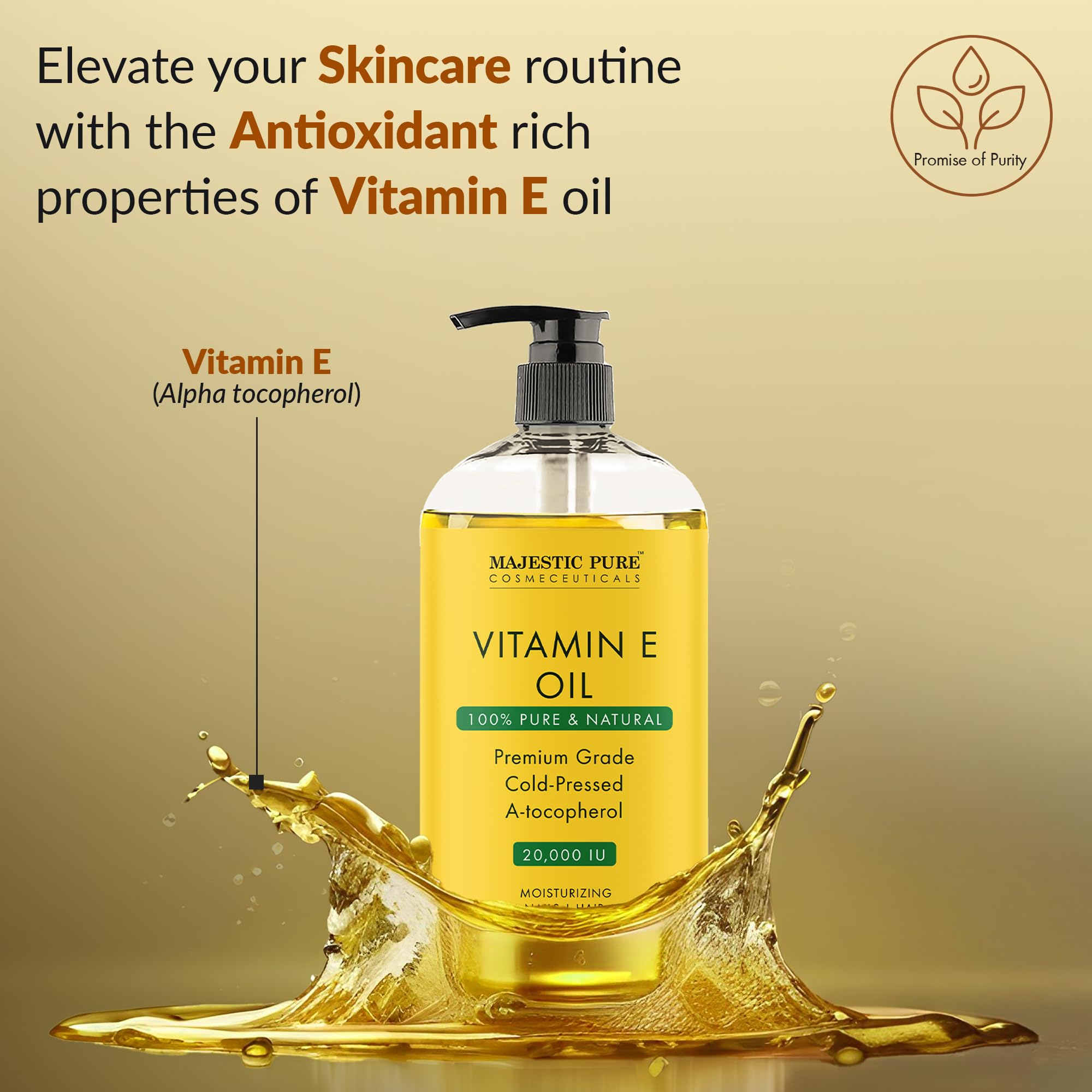 Majestic Pure Vitamin E Oil for face care showing moisturizing benefits.