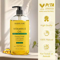 Majestic Pure Vitamin E Oil skin care highlighting deep hydration.