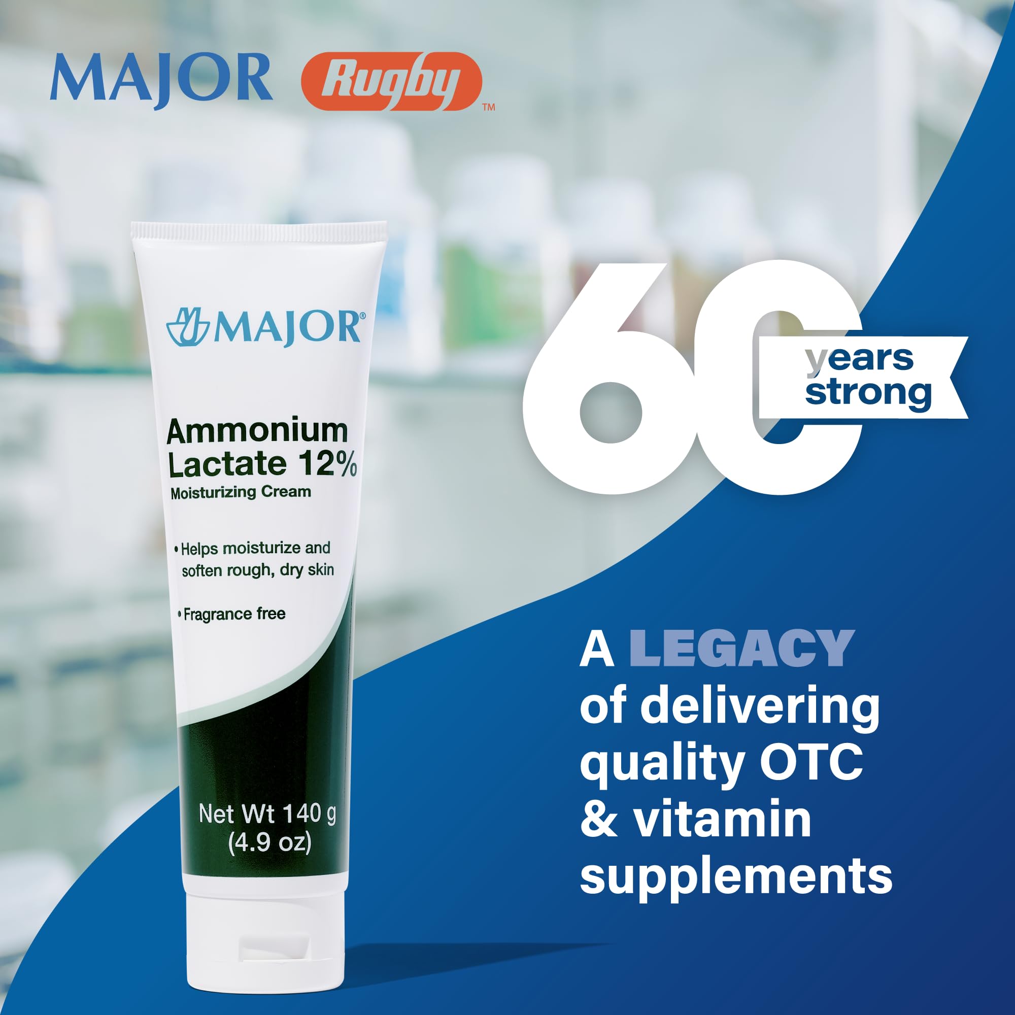 Major Ammonium Lactate 12% Cream ingredients panel lists humectant and alpha hydroxy acid for skin-friendly exfoliation.