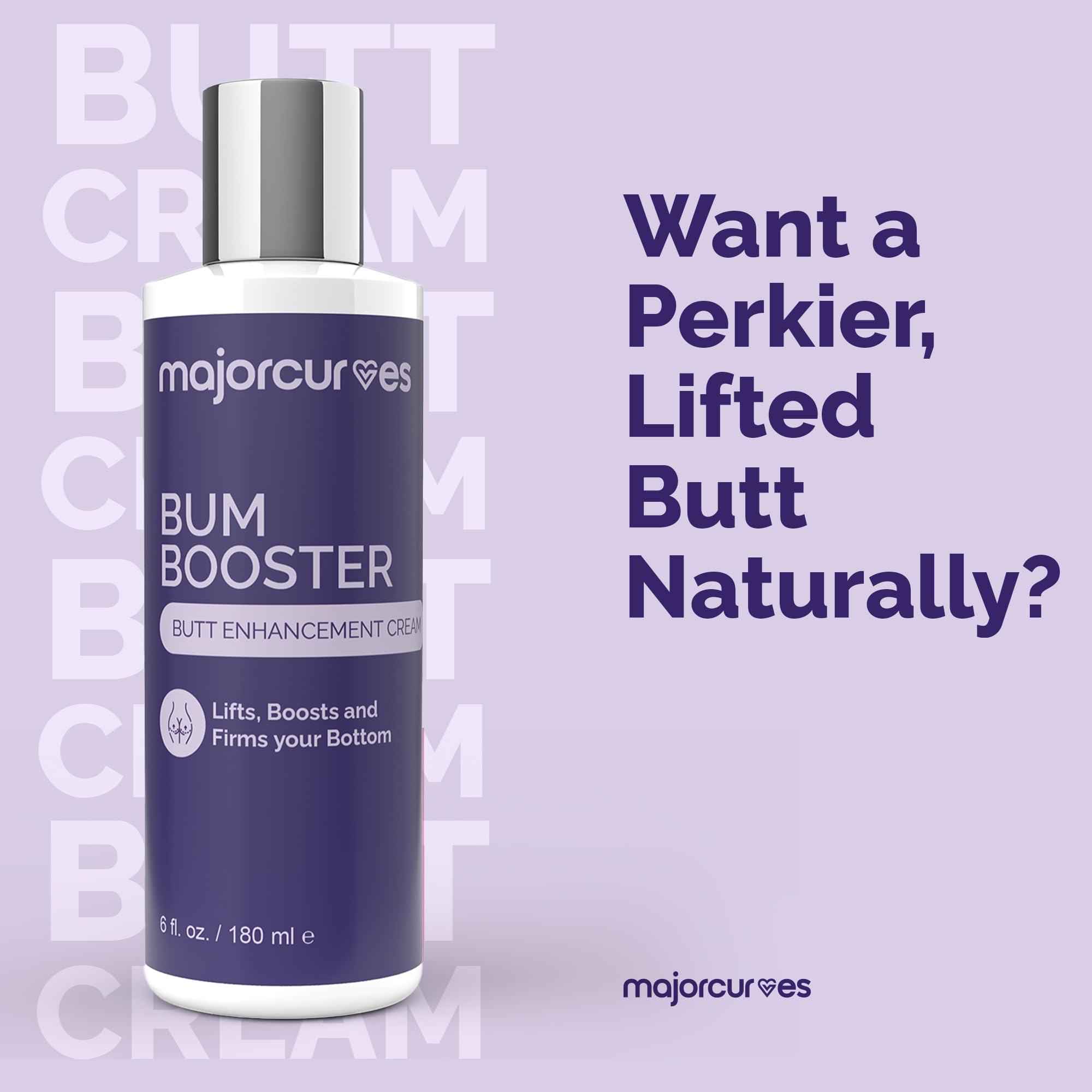 Major Curves Bum Booster Cream label close-up emphasizing clean ingredients and trust.