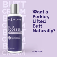 Major Curves Bum Booster Cream label close-up emphasizing clean ingredients and trust.