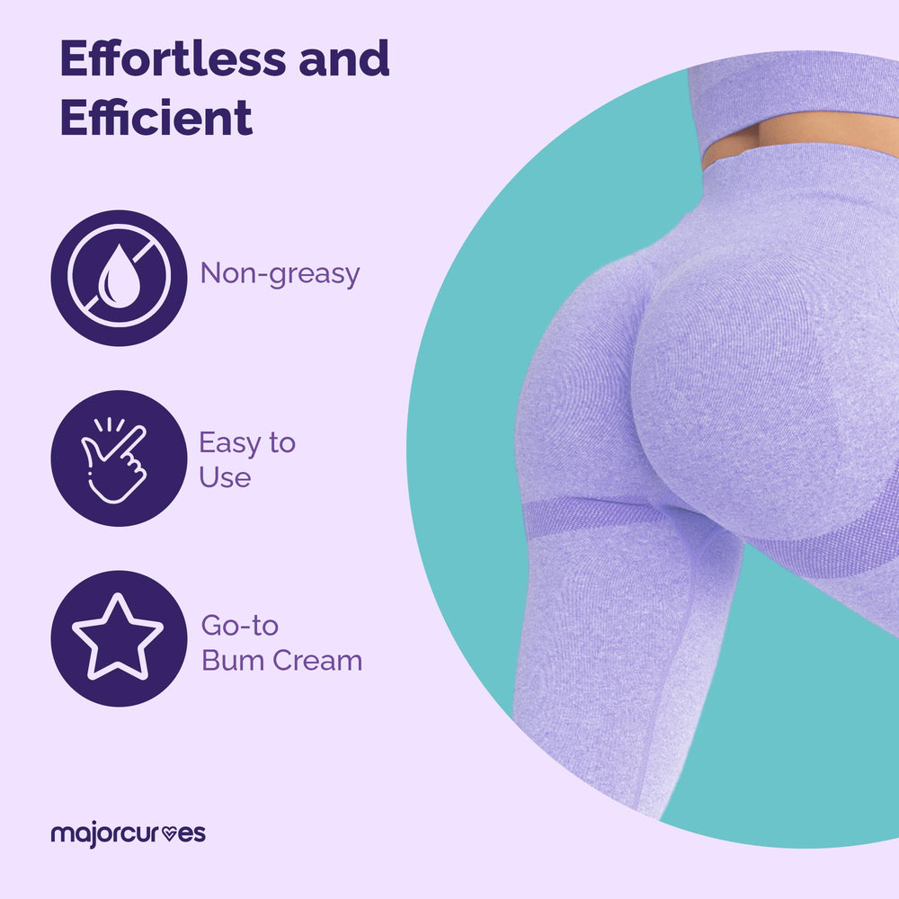 Major Curves Bum Booster Cream featuring Wild Yam ingredient signaling smoothing and lift potential.