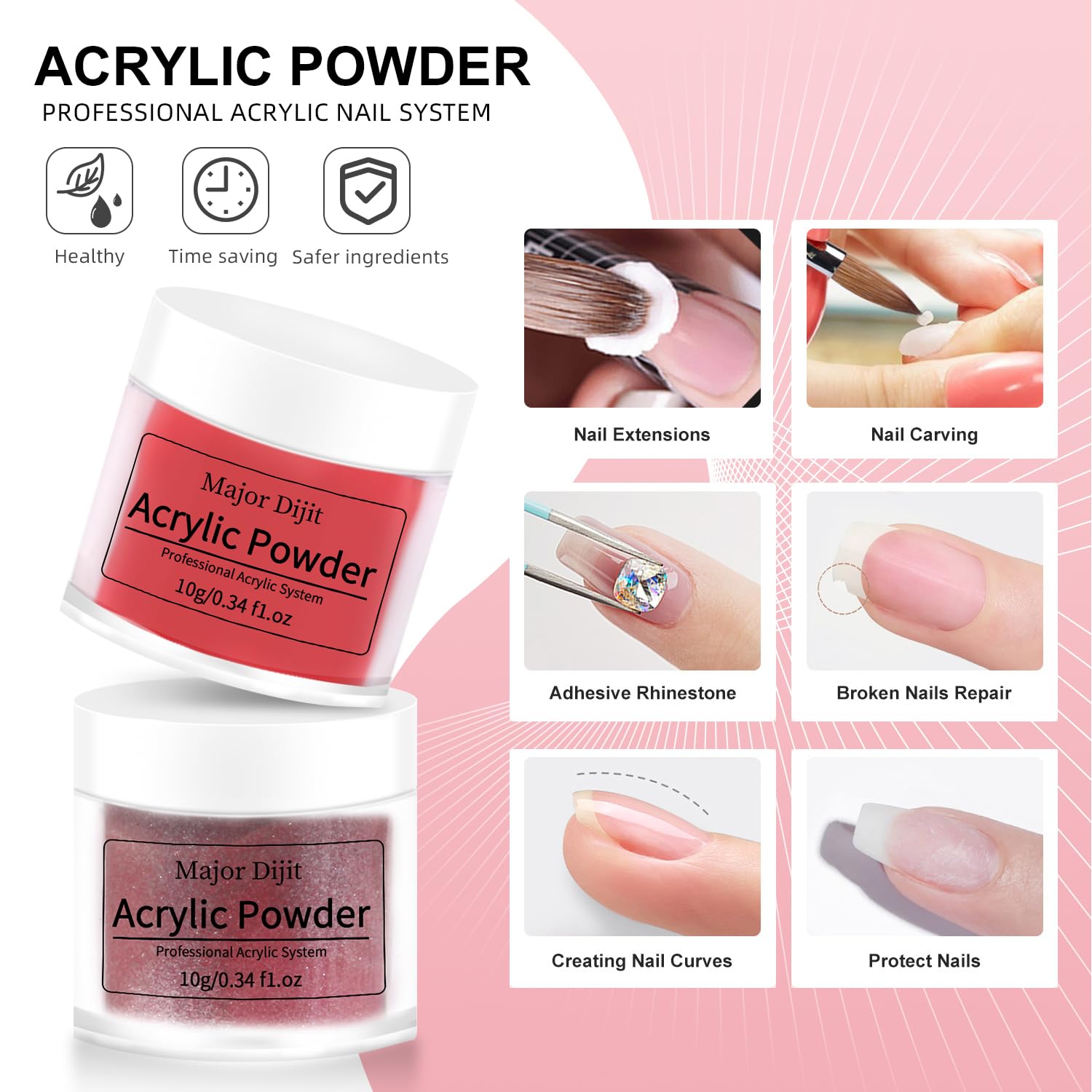 Major Dijit acrylic liquid, base and top coats for durable manicure results.