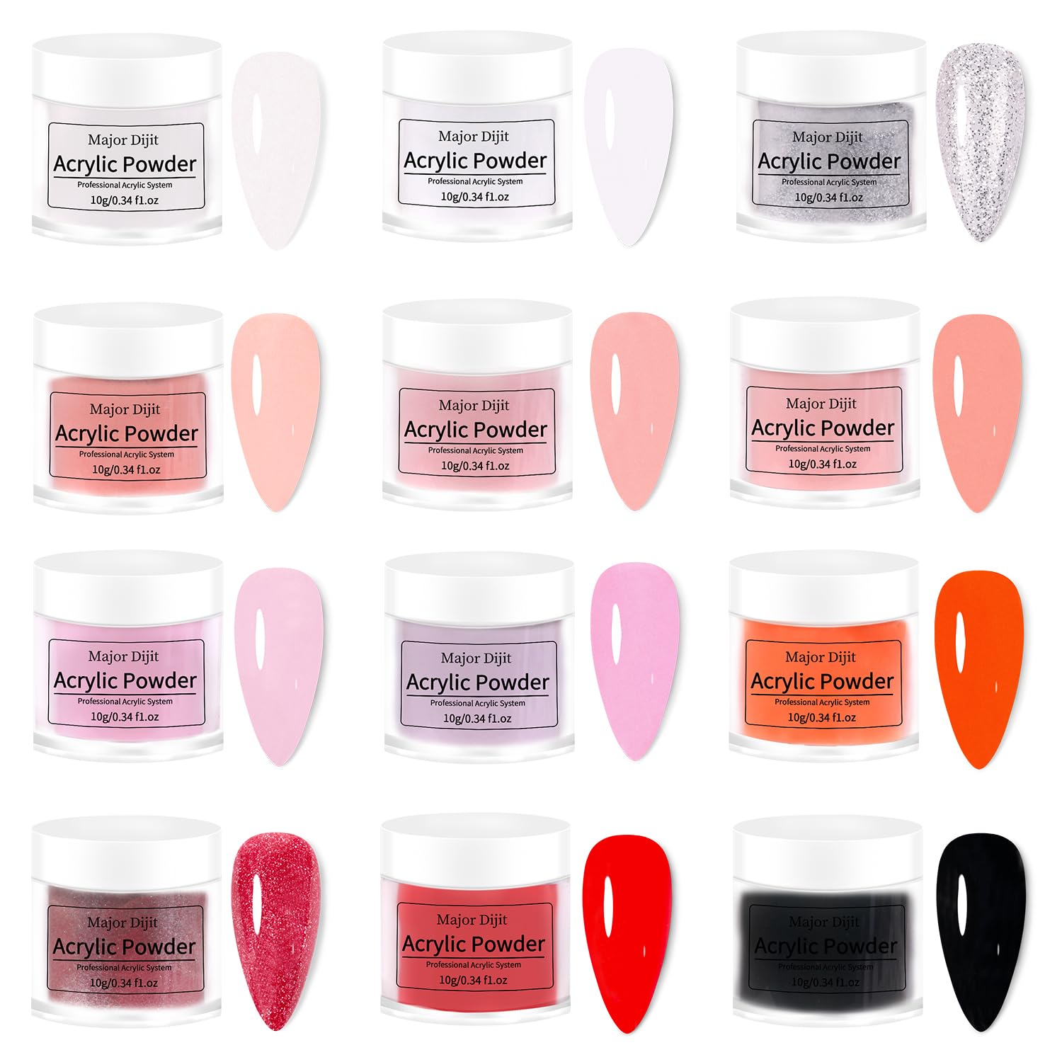 Major Dijit acrylic powder set with 12 colors for versatile at-home nail art.