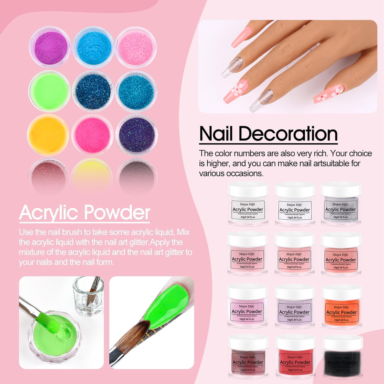 Major Dijit nail files, tips, and glitter for salon-style finishes.