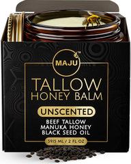 MAJU Beef Tallow Manuka Honey Balm jar close-up for unscented hydration