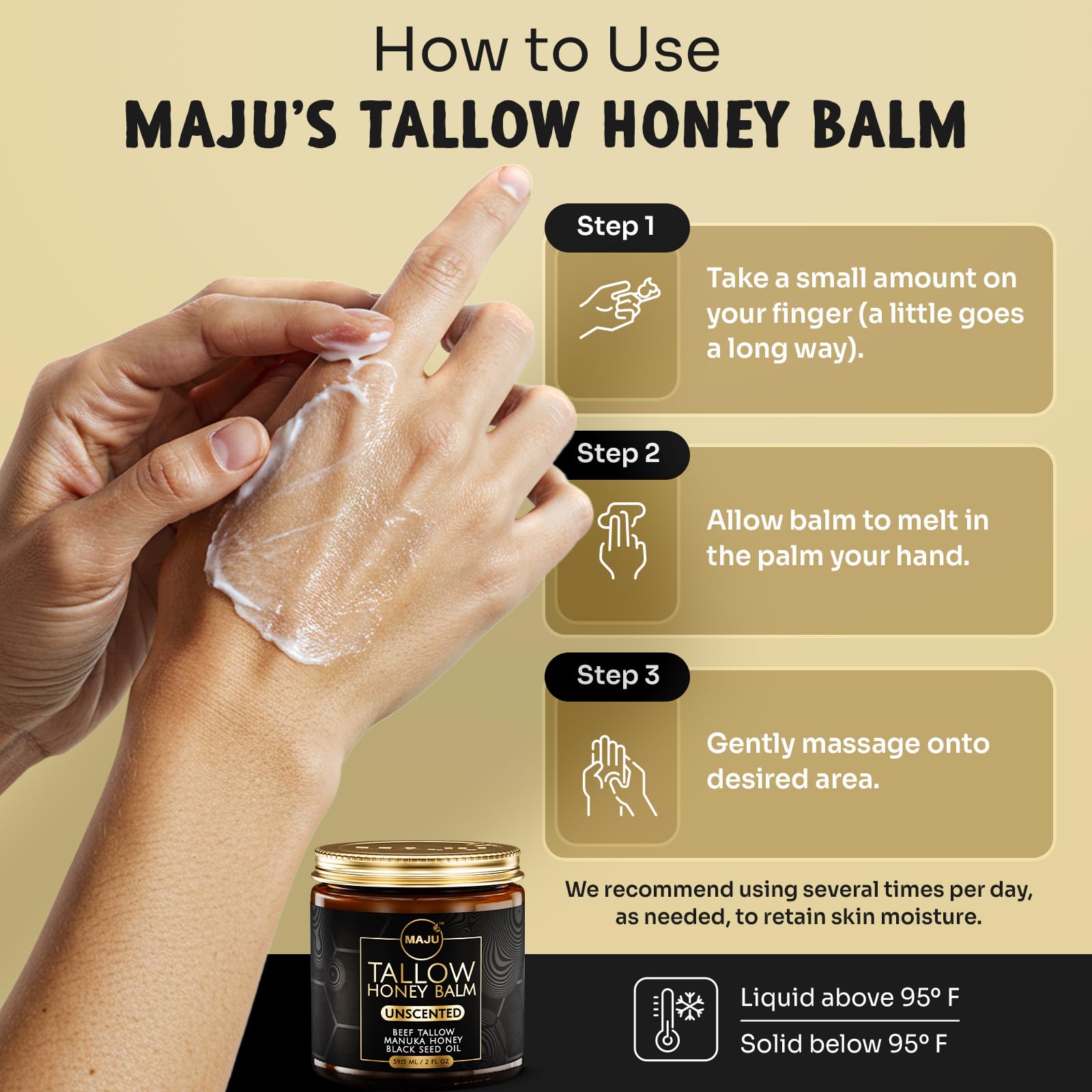 MAJU natural ingredients list featuring Manuka honey and black seed oil