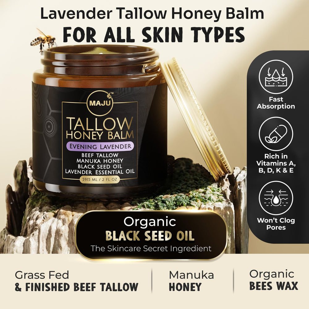 MAJU Superfoods Tallow Honey Balm black seed oil drops highlight antioxidant skin nourishment