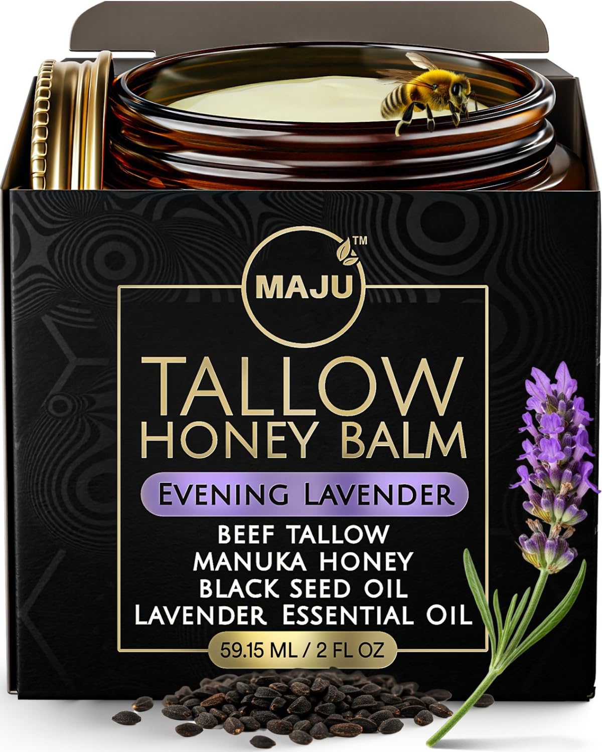 MAJU Superfoods Tallow Honey Balm evening lavender jar showcases calming scent for nightly hydration