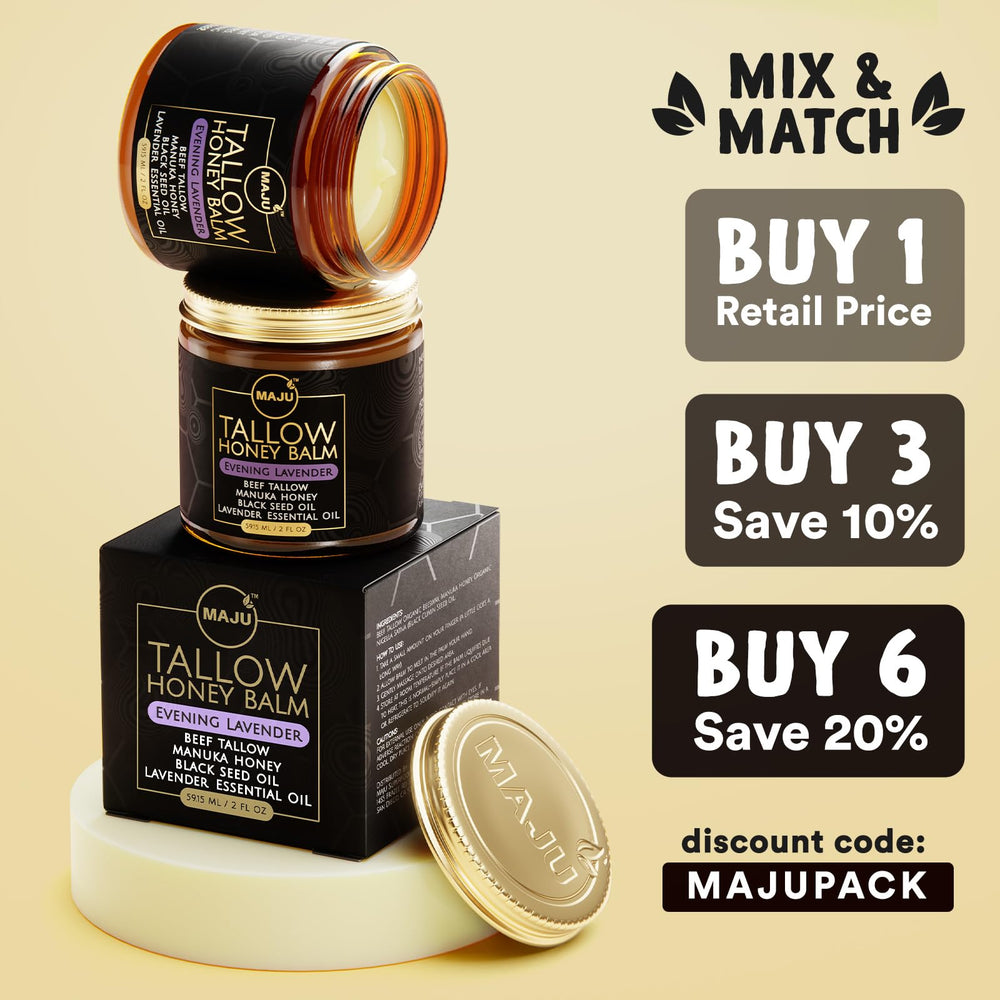 MAJU Superfoods Tallow Honey Balm lavender-infused scent evokes calming evening routine benefits
