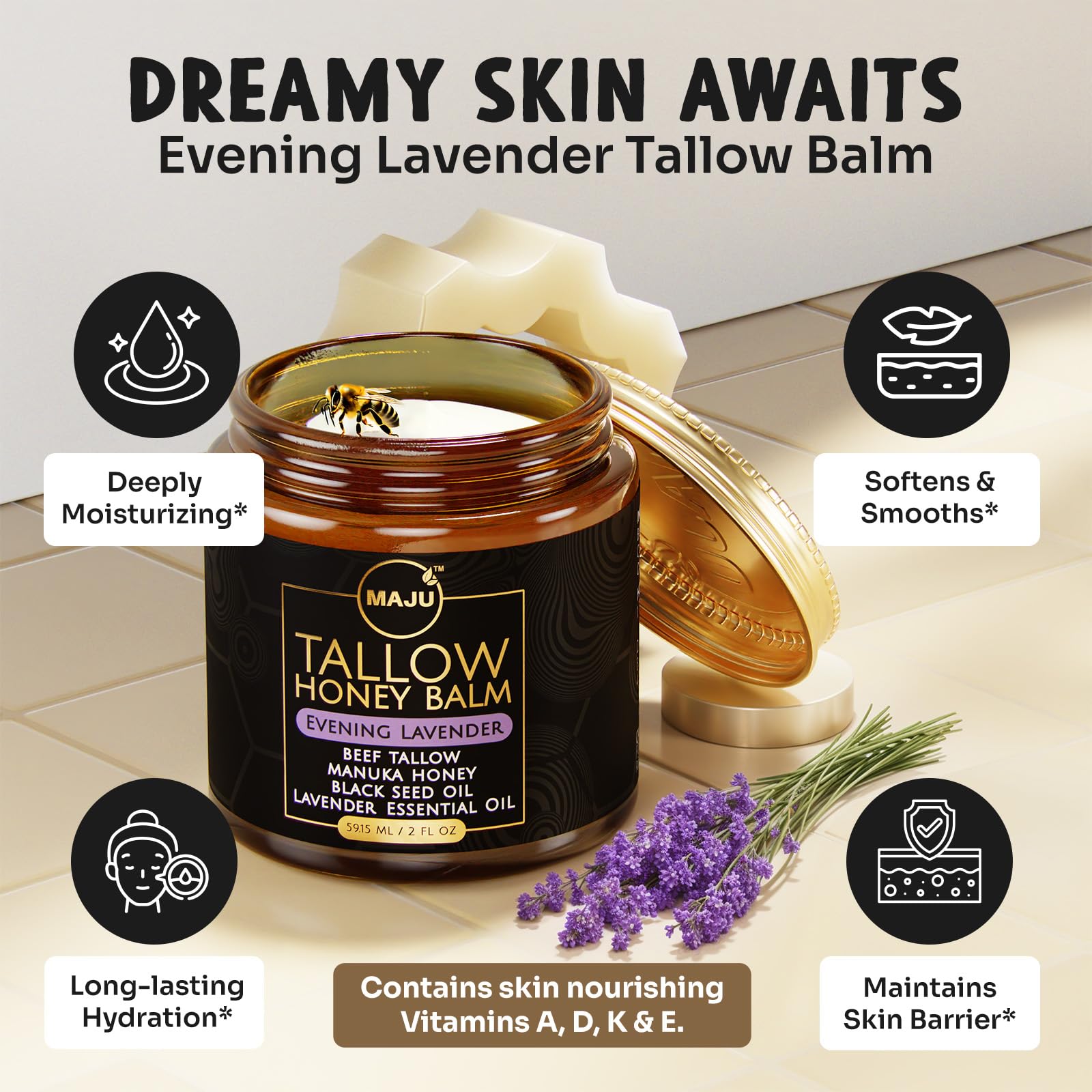 MAJU Superfoods Tallow Honey Balm Manuka honey swirls suggest soothing moisture and glow