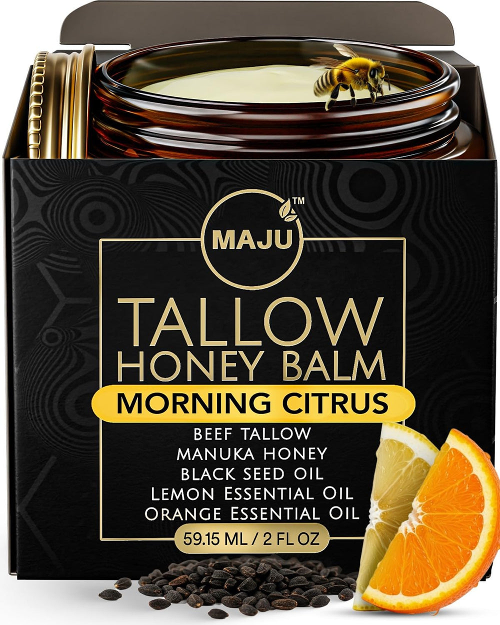 MAJU Tallow Honey Balm Morning Citrus jar on vanity for deep hydration