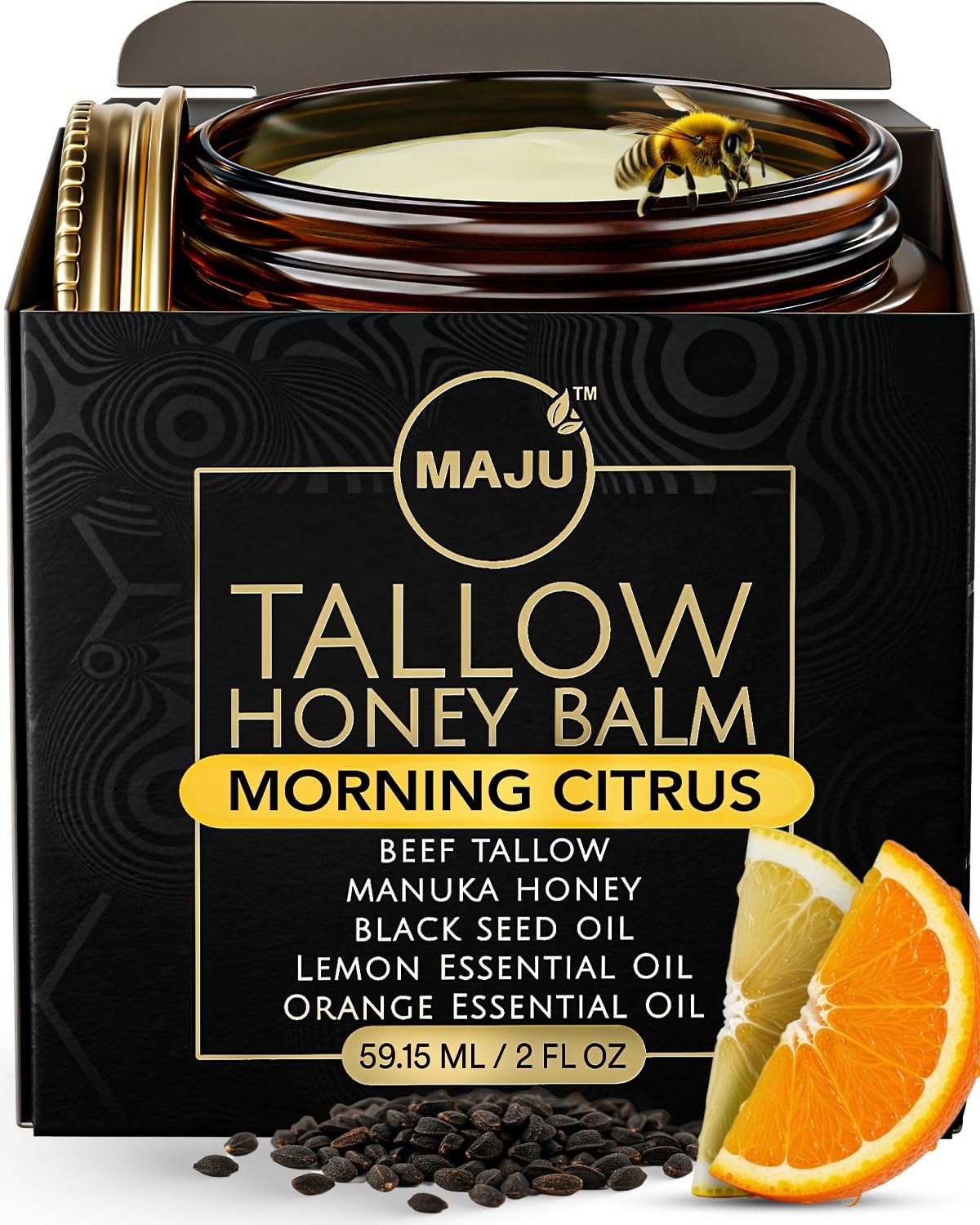 MAJU Tallow Honey Balm Morning Citrus jar on vanity for deep hydration
