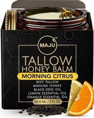 MAJU Tallow Honey Balm Morning Citrus jar on vanity for deep hydration