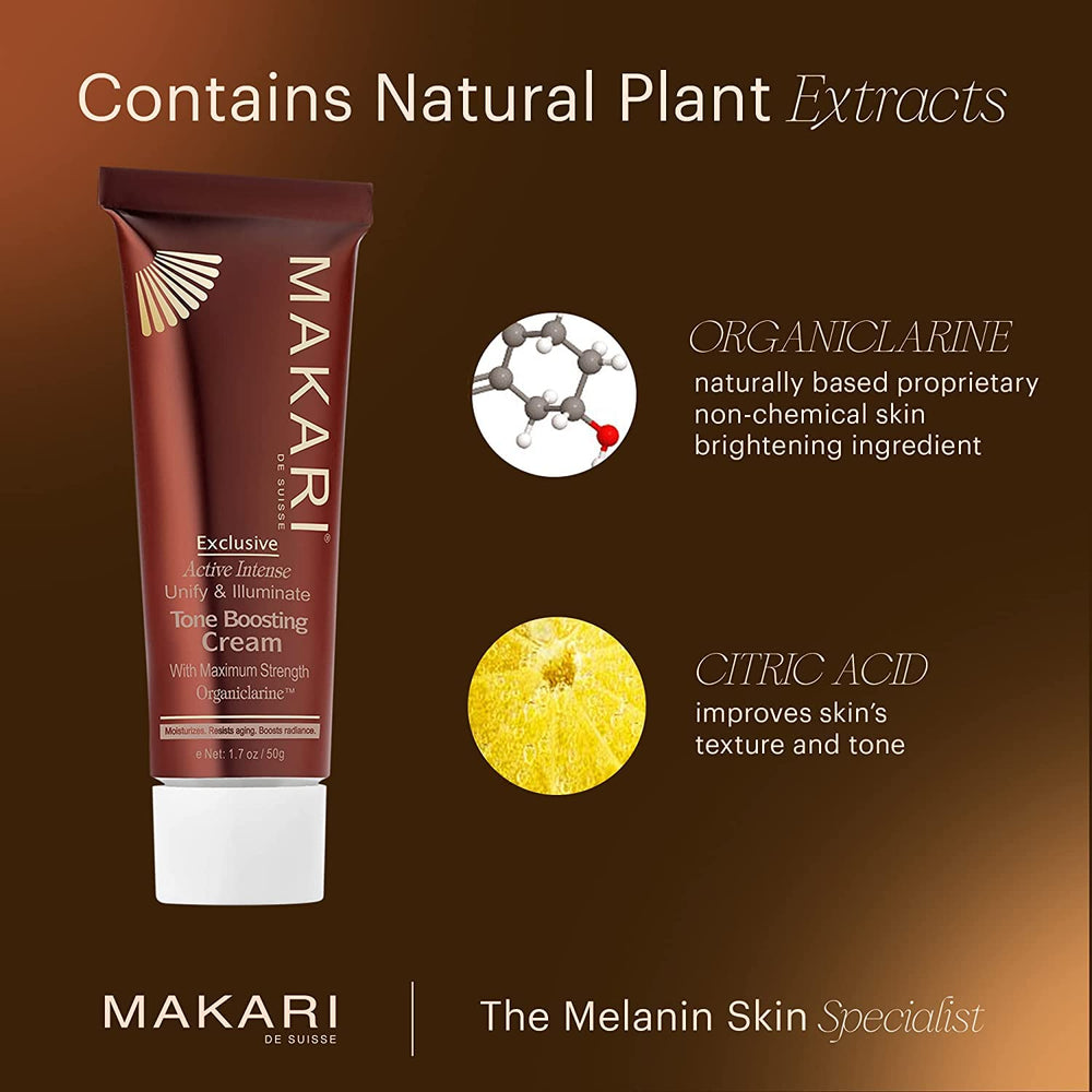 Makari Exclusive Tone-Boosting Face Cream daily use bottle shows radiant possibilities