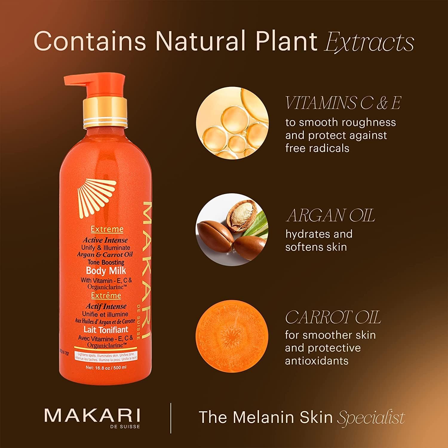 MAKARI Extreme Active Intense Carrot & Argan Body Milk pump dispenser for easy application