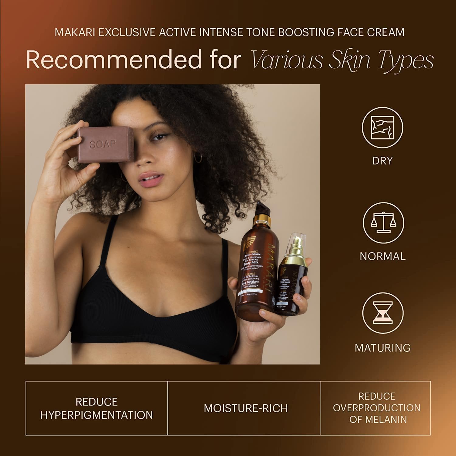 Makari Exclusive Tone-Boosting Face Cream bottle with ingredients highlights carrot oil