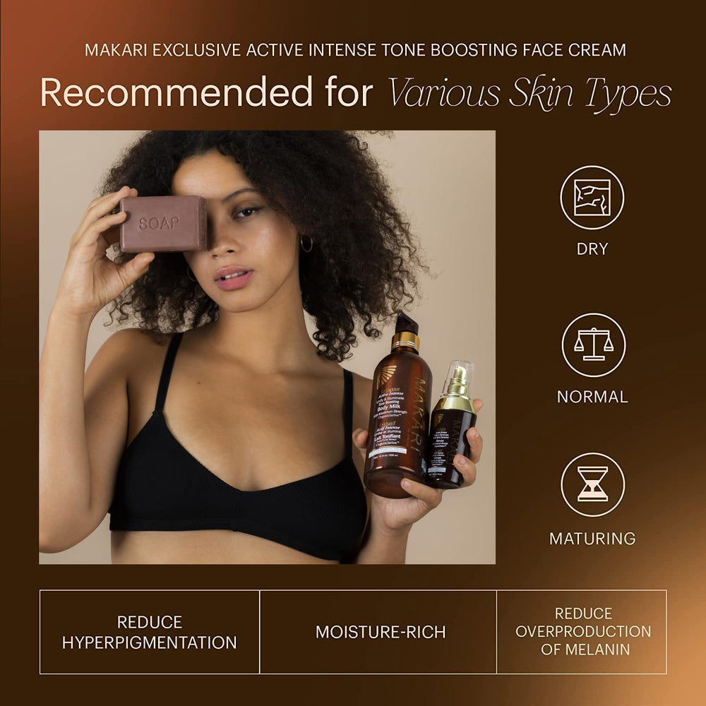 Makari Exclusive Tone-Boosting Face Cream bottle with ingredients highlights carrot oil