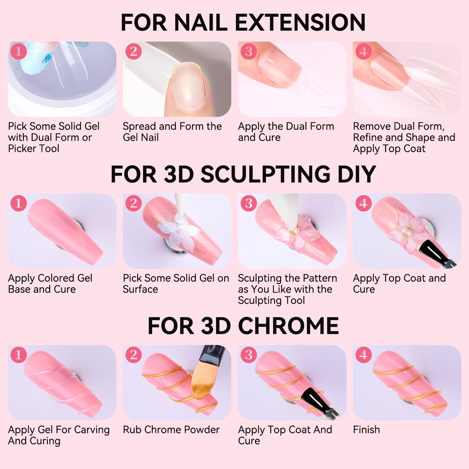 Makartt 3D gel nail art with chrome powder close-up