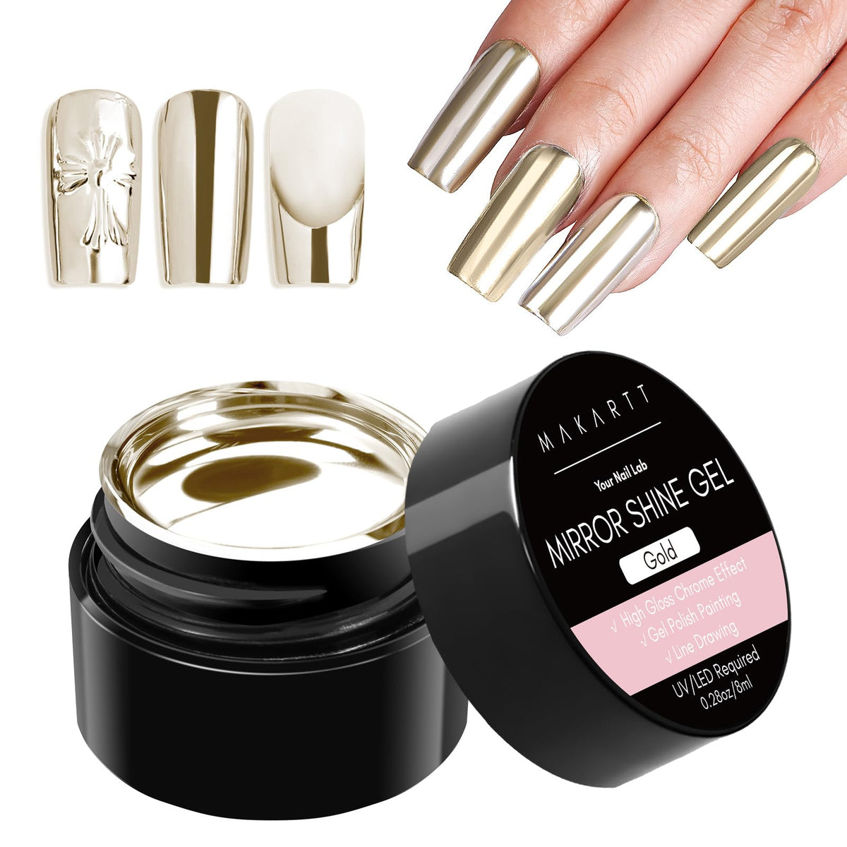 Makartt chrome gel nail polish gold mirror finish for high-gloss nails.