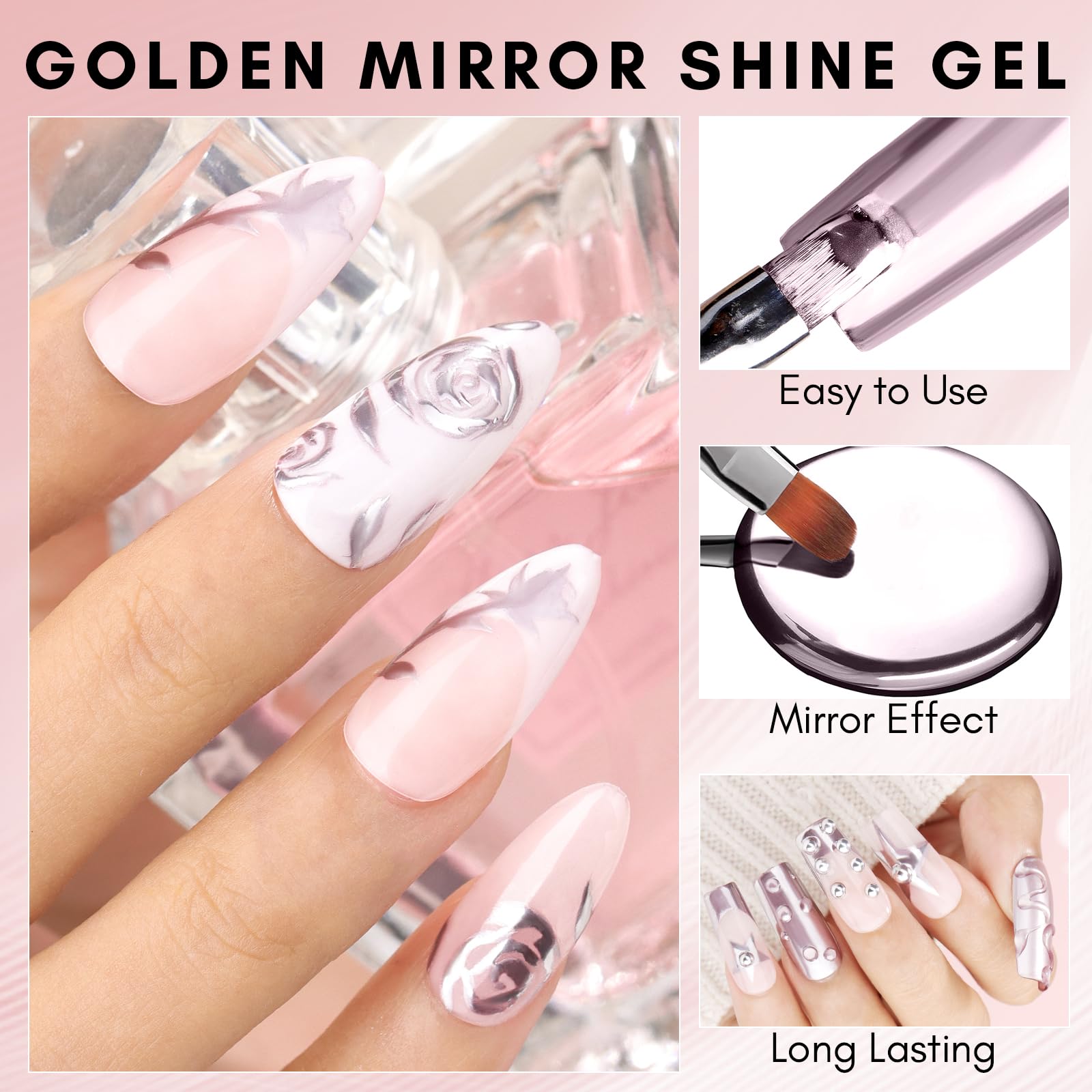 Makartt Chrome Gel Nail Polish Rose Gold swatch reveals a pearlescent shine for DIY art.