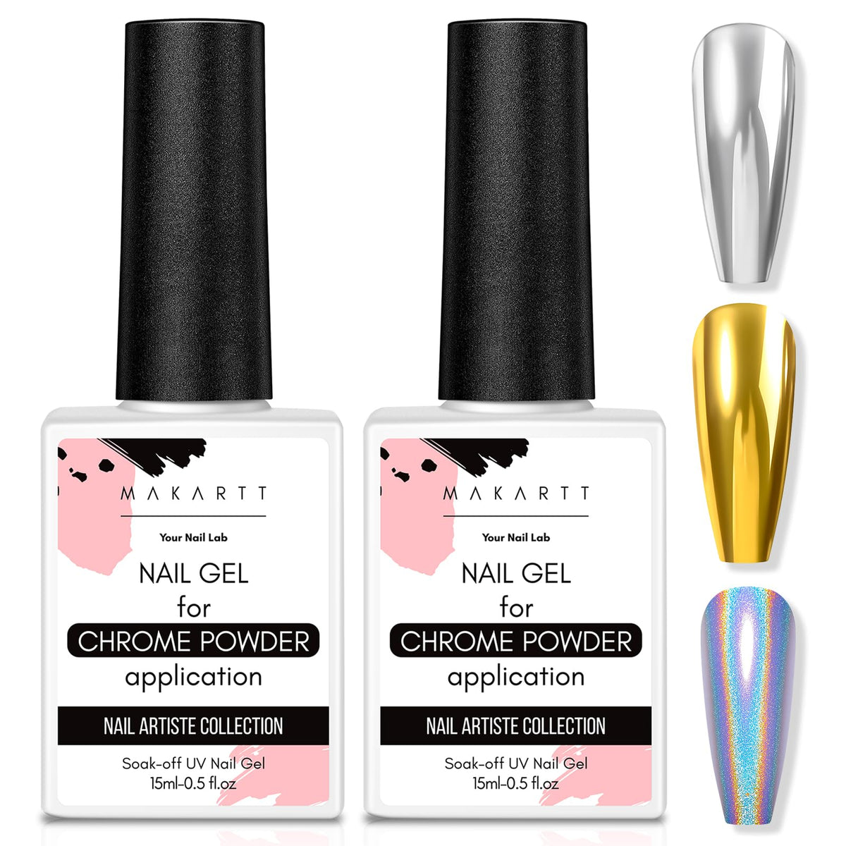Makartt chrome top coat bottle closeup for reflective mirror finish on nails