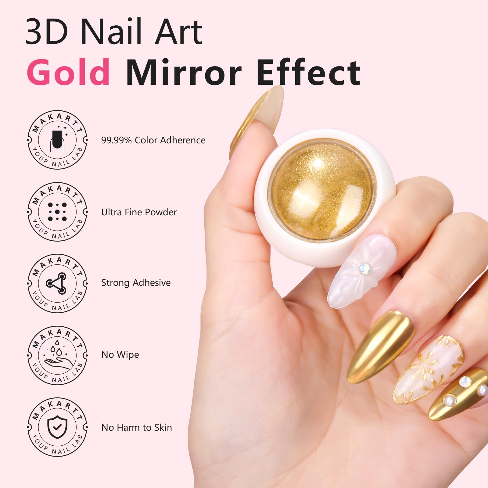 Makartt gold chrome powder jar for radiant mirror finish on nails.