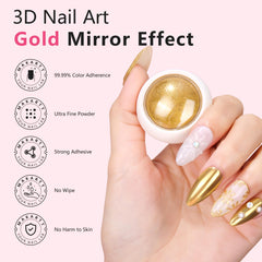 Makartt gold chrome powder jar for radiant mirror finish on nails.