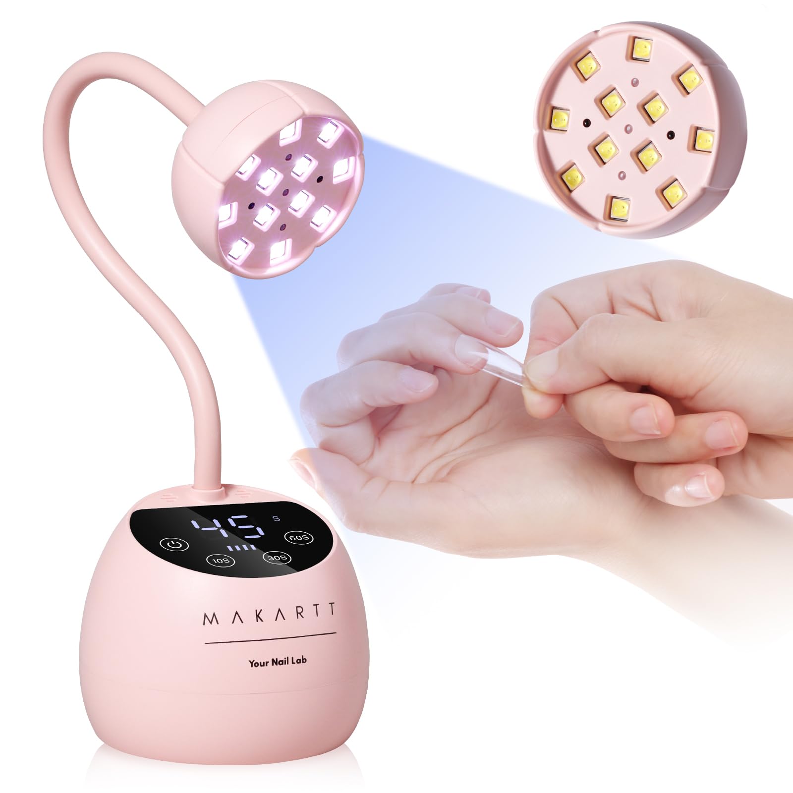 Makartt gooseneck UV nail lamp, front view enables quick, even gel curing
