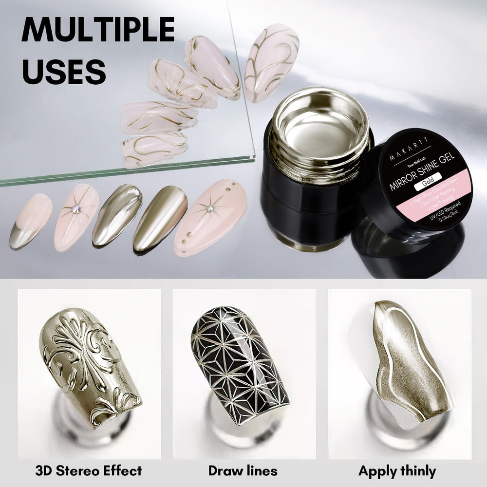 Makartt long-lasting chrome gel delivers durable gold shine for weeks.