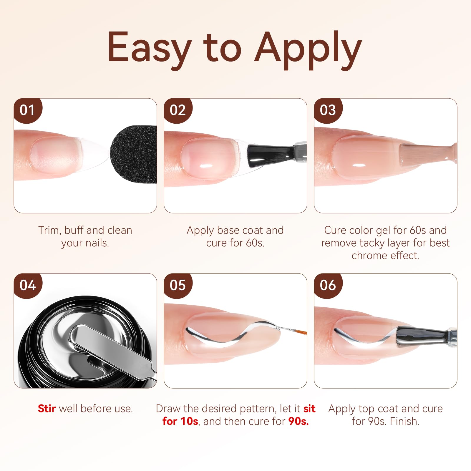 Makartt long-lasting chrome gel provides week-long shine with low odor.