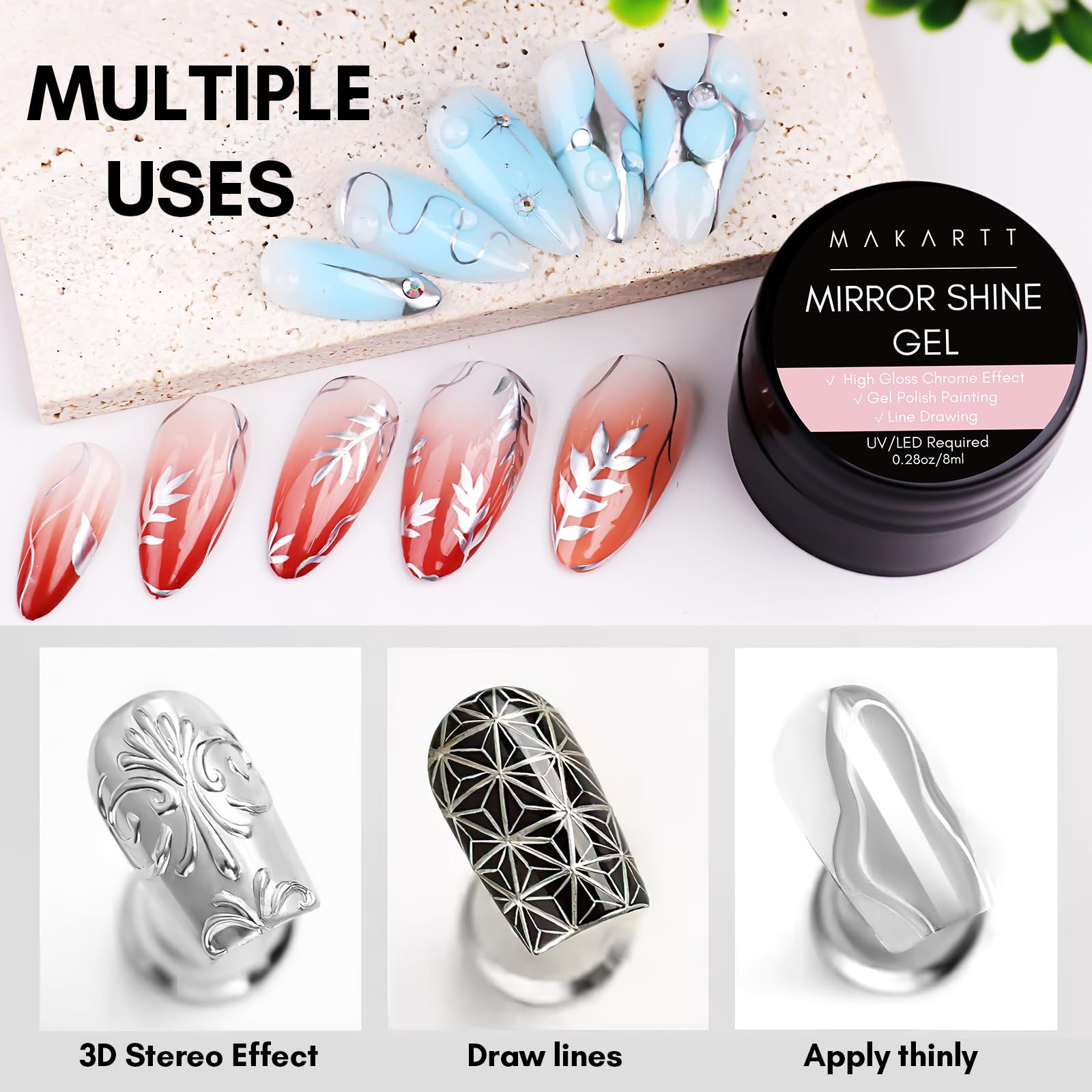 Makartt multi-use gel art brush close-up, enabling lines, flowers, and French edges.