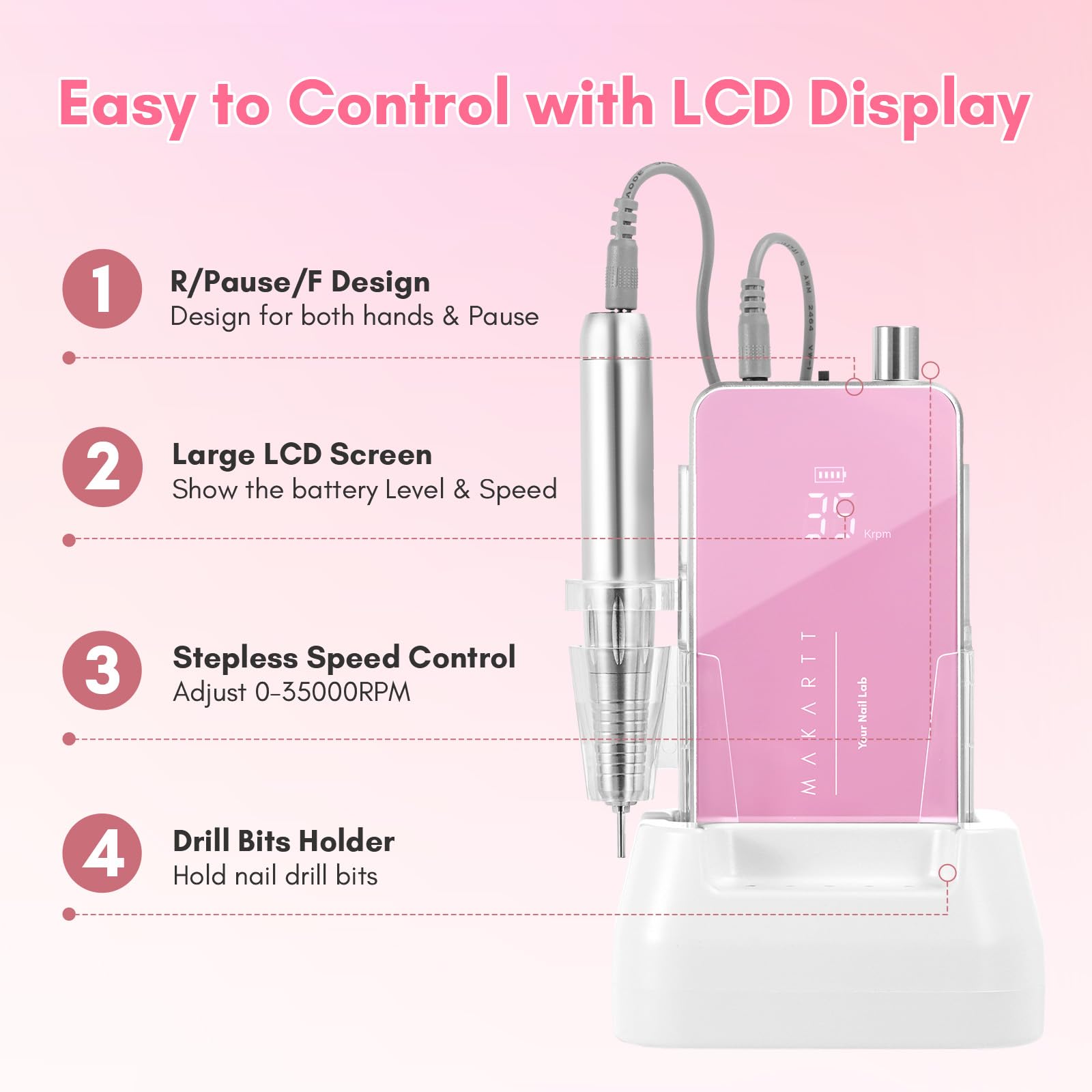 Makartt Nail Drill battery feature supports long sessions with up to 14 hours use