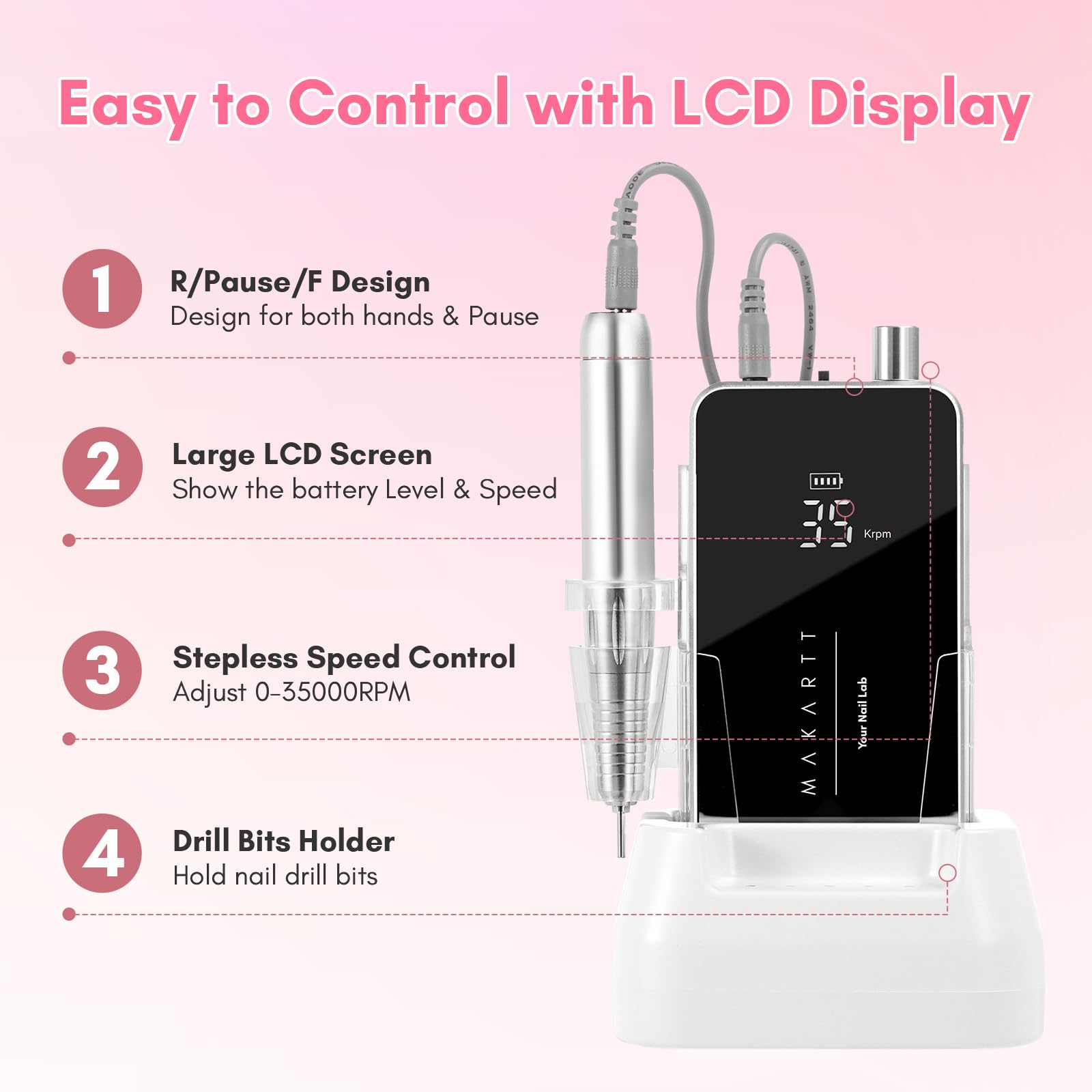 Makartt nail drill LCD display shows RPM and battery status for on-the-go adjustments.